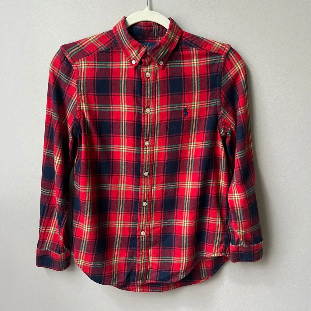 Ralph Lauren Flannel Shirt Boys Size 10/12 Red Plaid 100% Cotton Preppy Classic